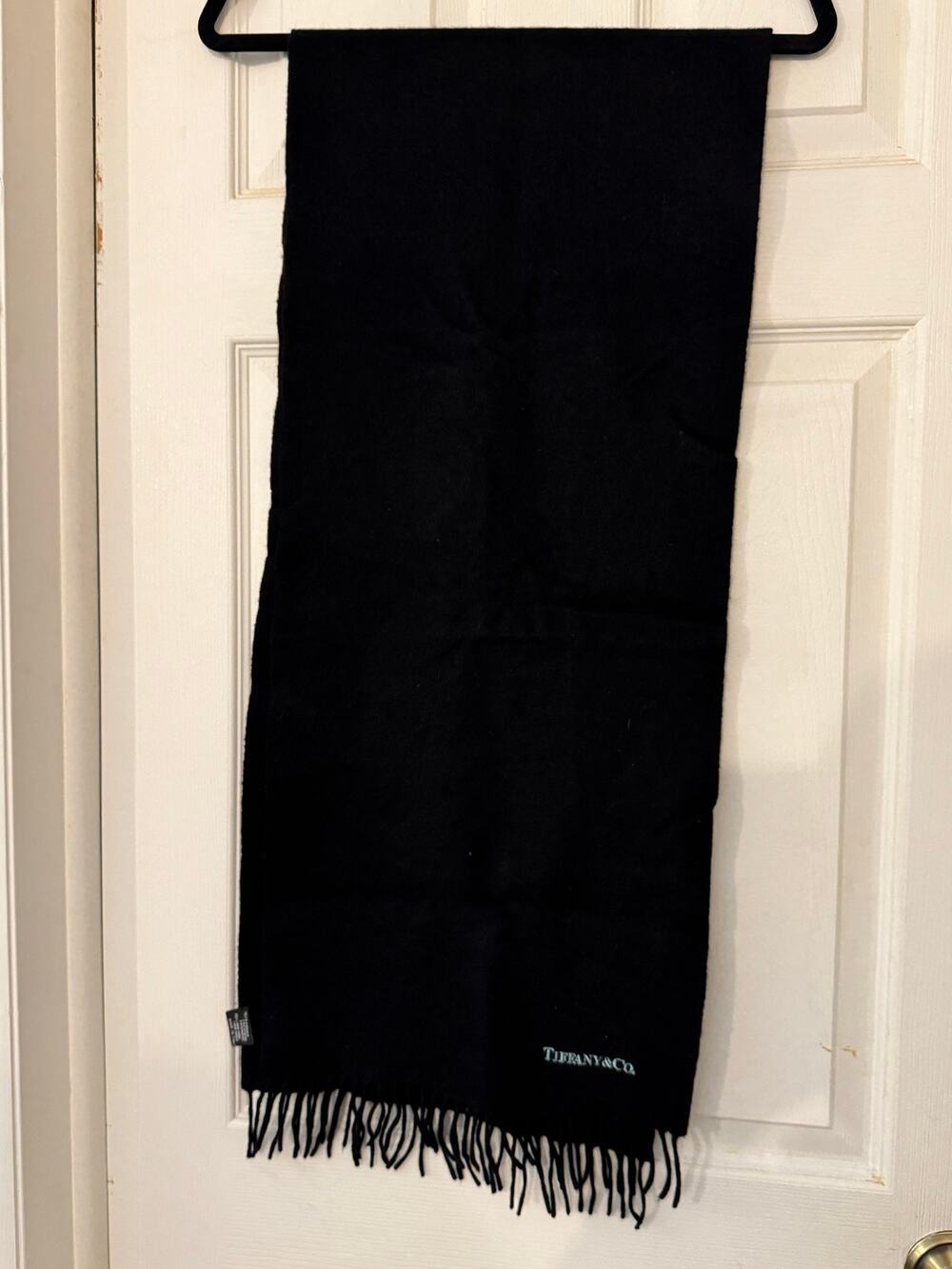 Authentic Tiffany & Co. Black Cashmere Wool Fringe Winter Scarf Embroidered Logo